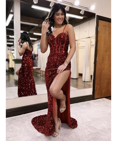 Sparkly Sequin Prom Dresses Long for Teens with Slit V Neck Mermaid Evening Party Gowns 2024 VS034 A Plum $25.42 Dresses