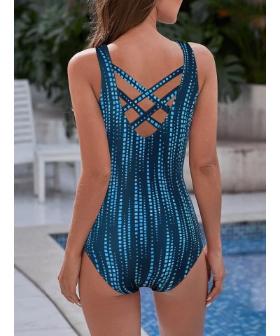 Athletic One Piece Swimsuits for Women Tummy Control Bathing Suits or Teen Girls Swimwear 2 Blue Block $17.67 Swimsuits