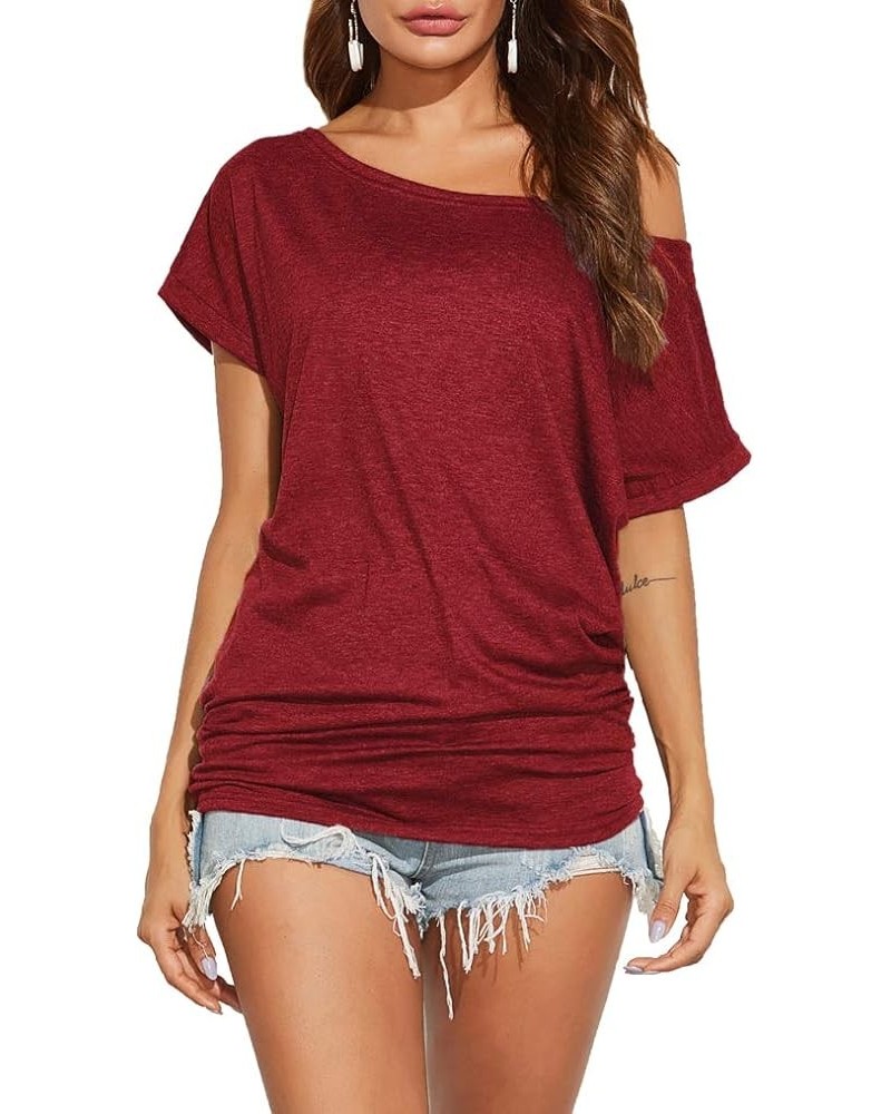 Women's Summer Off Shoulder Shirts Casual Loose Short Sleeve Tunics Tops Dark Red $13.44 Tops