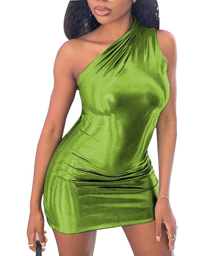 Women's Sexy Sleeveless Pu Leather One Shoulder Slim Fit Package Hip Club Mini Dress Army Green $10.75 Dresses