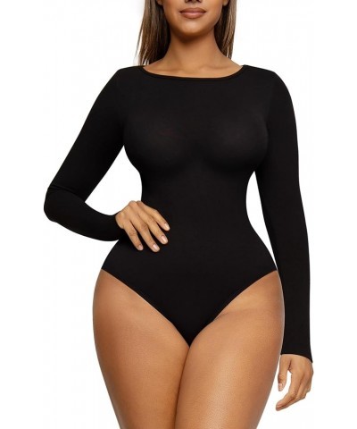 Women's Scoop Neck Bodysuit Long Sleeve Thong Body Suit Soft Body-Hugging Going Out T-shirt Tops Black-crewneck $10.99 Bodysuits