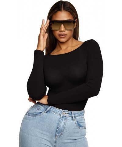 Women's Scoop Neck Bodysuit Long Sleeve Thong Body Suit Soft Body-Hugging Going Out T-shirt Tops Black-crewneck $10.99 Bodysuits