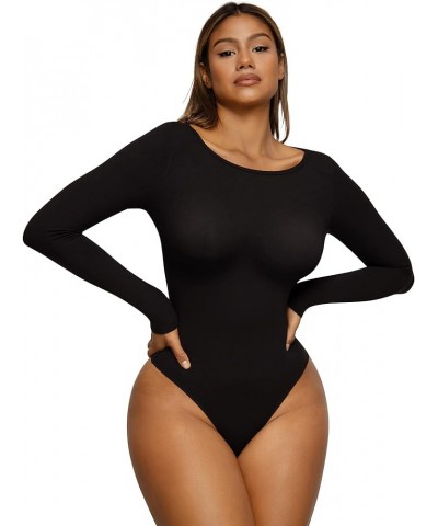 Women's Scoop Neck Bodysuit Long Sleeve Thong Body Suit Soft Body-Hugging Going Out T-shirt Tops Black-crewneck $10.99 Bodysuits