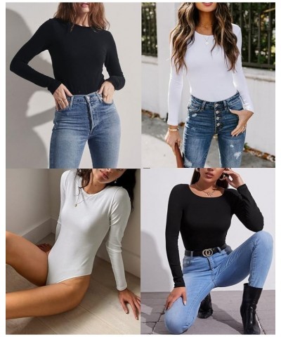 Women's Scoop Neck Bodysuit Long Sleeve Thong Body Suit Soft Body-Hugging Going Out T-shirt Tops Black-crewneck $10.99 Bodysuits