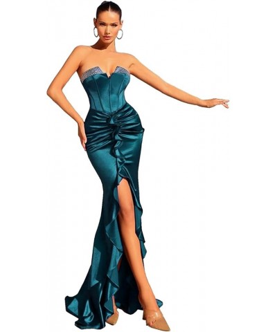 Women's Mermaid Prom Dress Strapless Beadings Front Split Night Dress 2024 Formal Evening Party Gowns Peacock Blue $29.04 Dre...