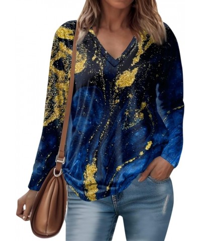 Workout Tops for Women, Vintage Print Sexy v Neck Long Sleeve Going Out Shirts Fall Trendy Business Casual Blouses 2-dark Blu...