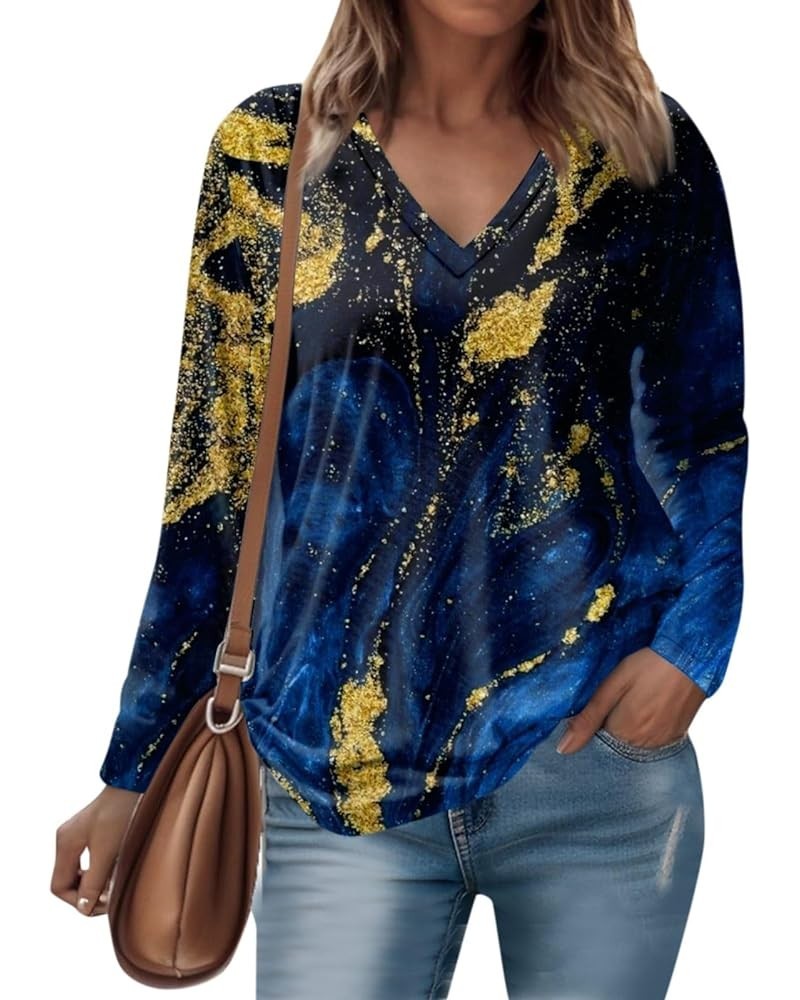 Workout Tops for Women, Vintage Print Sexy v Neck Long Sleeve Going Out Shirts Fall Trendy Business Casual Blouses 2-dark Blu...