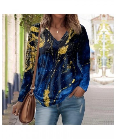 Workout Tops for Women, Vintage Print Sexy v Neck Long Sleeve Going Out Shirts Fall Trendy Business Casual Blouses 2-dark Blu...