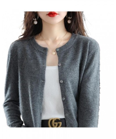 Women's Crew Neck Wool Cardigan Sweater, 100% Cashmere Button Front Long Sleeve Cardigan Soft Warm Knit Stretch Sweater Dark ...