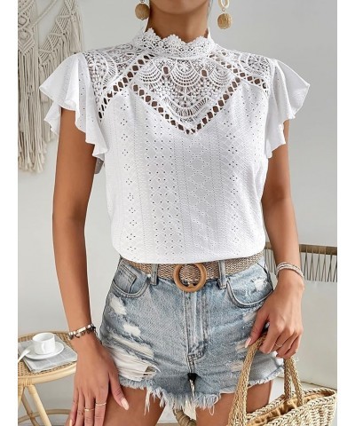 Women's Elegnat Lace Short Sleeve Mock Neck Slim Fit Blouse Work Casual Shirt Tops White $13.19 Blouses