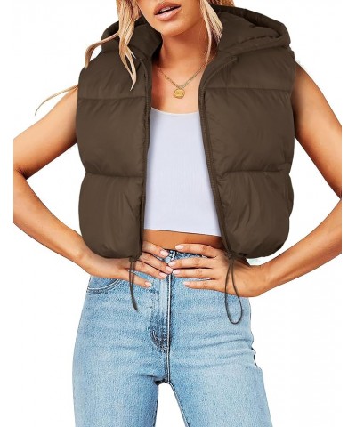 Women's Puffer Vest Sleeveless Winter Cropped Hoodie Zip Up Jacket Coat Lightweight Down with Pockets Brown $19.43 Jackets