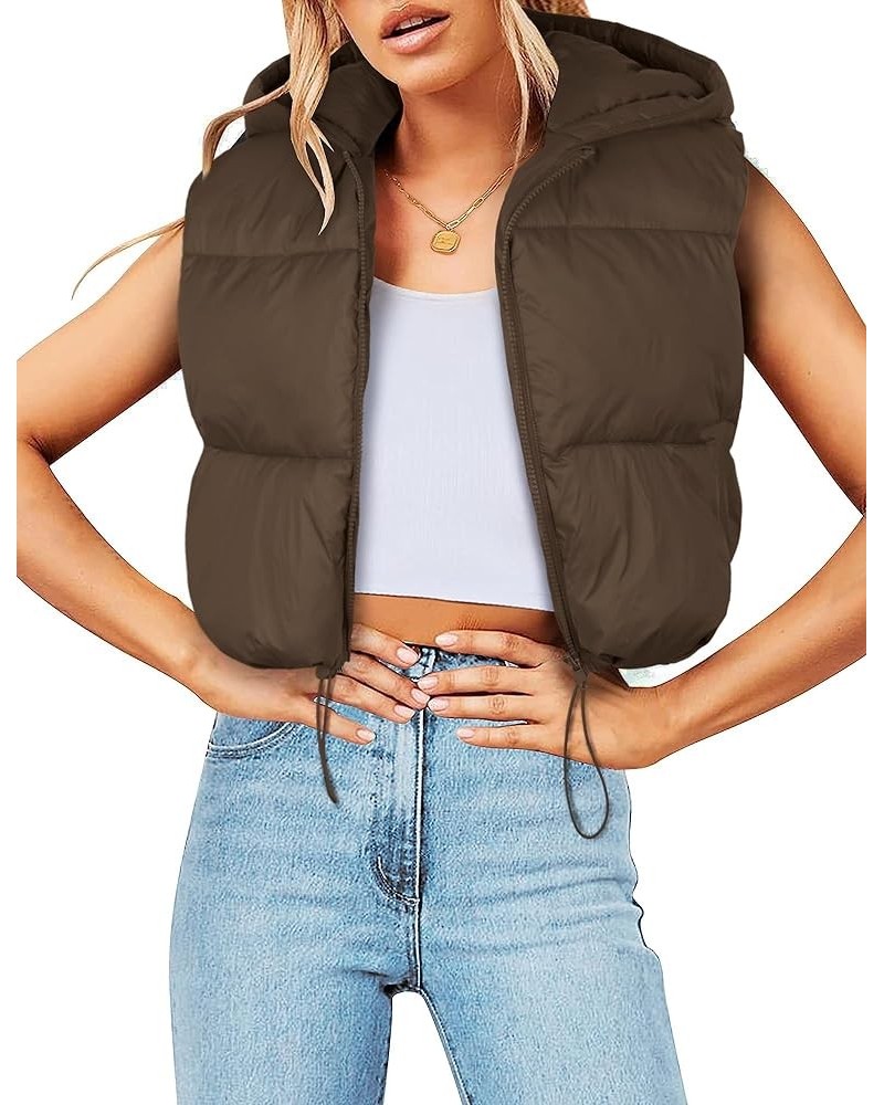 Women's Puffer Vest Sleeveless Winter Cropped Hoodie Zip Up Jacket Coat Lightweight Down with Pockets Brown $19.43 Jackets