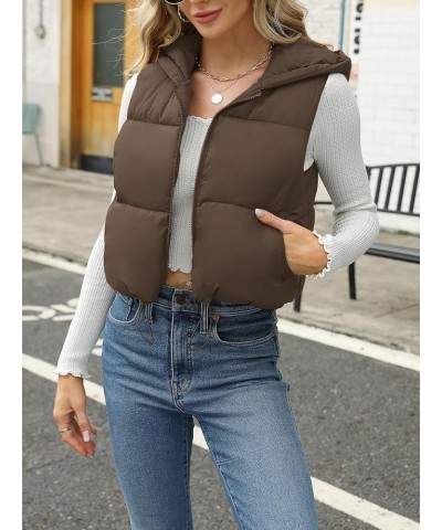 Women's Puffer Vest Sleeveless Winter Cropped Hoodie Zip Up Jacket Coat Lightweight Down with Pockets Brown $19.43 Jackets