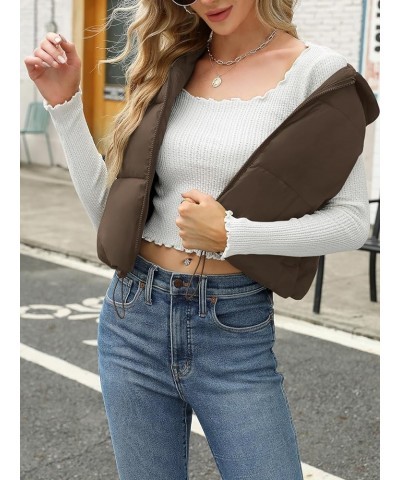 Women's Puffer Vest Sleeveless Winter Cropped Hoodie Zip Up Jacket Coat Lightweight Down with Pockets Brown $19.43 Jackets