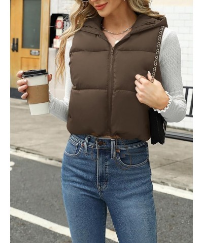 Women's Puffer Vest Sleeveless Winter Cropped Hoodie Zip Up Jacket Coat Lightweight Down with Pockets Brown $19.43 Jackets