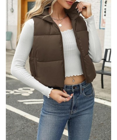 Women's Puffer Vest Sleeveless Winter Cropped Hoodie Zip Up Jacket Coat Lightweight Down with Pockets Brown $19.43 Jackets