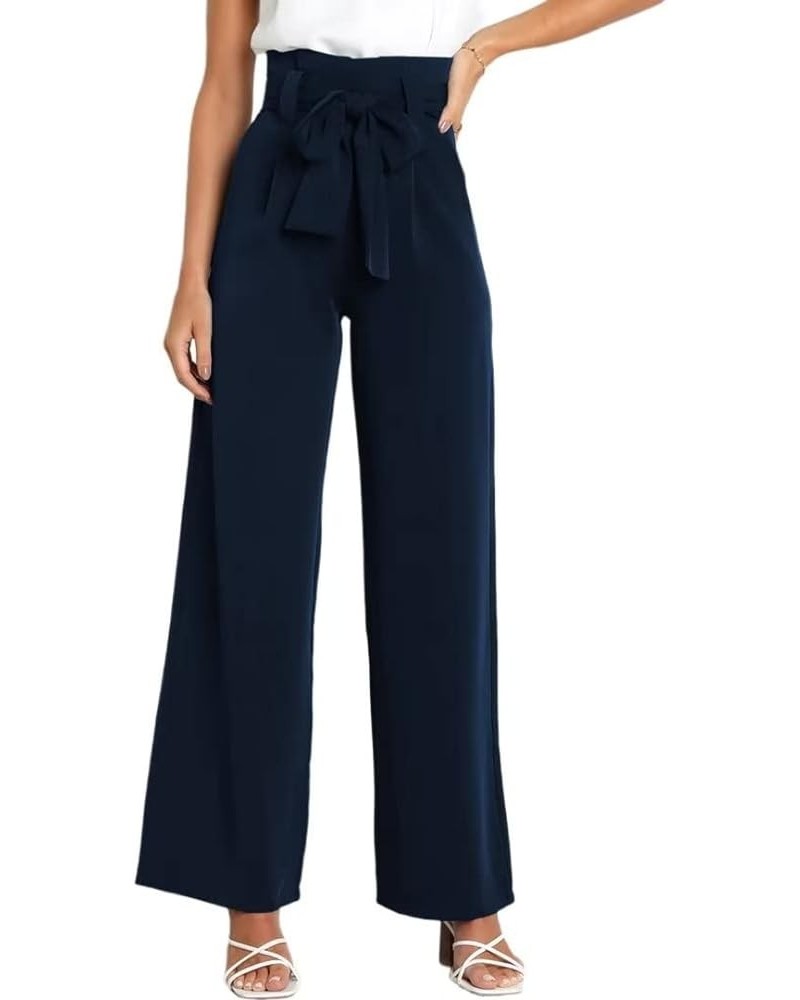 Dress Pants Women,Wide Leg Pants for Women,Smocked Waist Pants with Belt,Loose Straight Leg Flatting Pants Navy Blue $20.21 P...