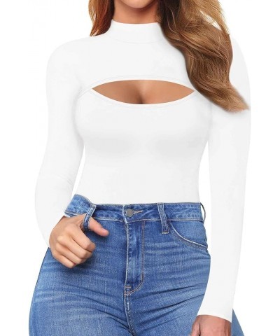 Cutout Tops for Women Fitted Mock Turtleneck Short Sleeve Long Sleeve T-Shirt B Long Sleeve White $12.74 T-Shirts