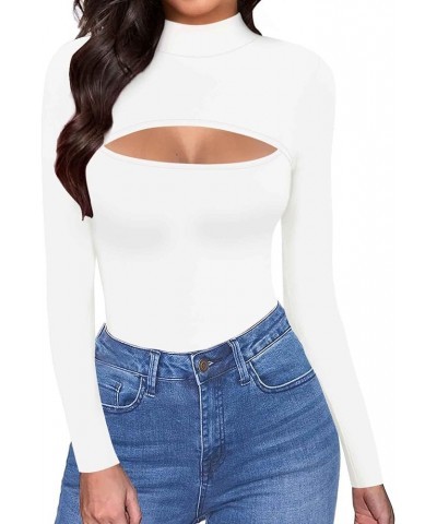 Cutout Tops for Women Fitted Mock Turtleneck Short Sleeve Long Sleeve T-Shirt B Long Sleeve White $12.74 T-Shirts