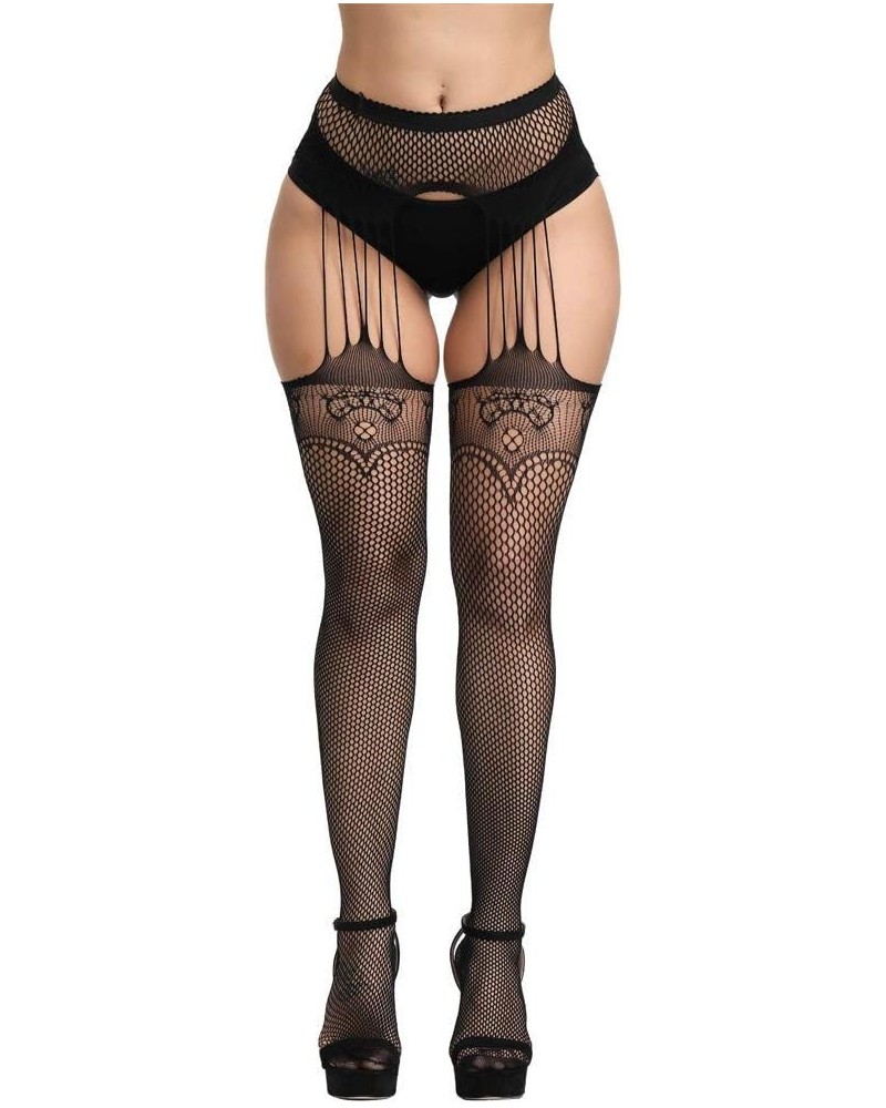 Women's High Waist Fishnet Tights Suspenders Pantyhose Thigh High Stockings Black Black-6063 $7.00 Socks