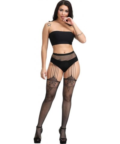 Women's High Waist Fishnet Tights Suspenders Pantyhose Thigh High Stockings Black Black-6063 $7.00 Socks