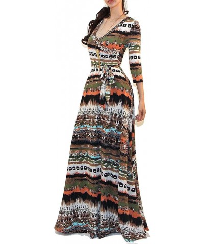 Women's USA Printed V-Neck 3/4 Sleeve Faux Wrap Waist Tie Long Maxi Dress I23, Multi $14.22 Dresses