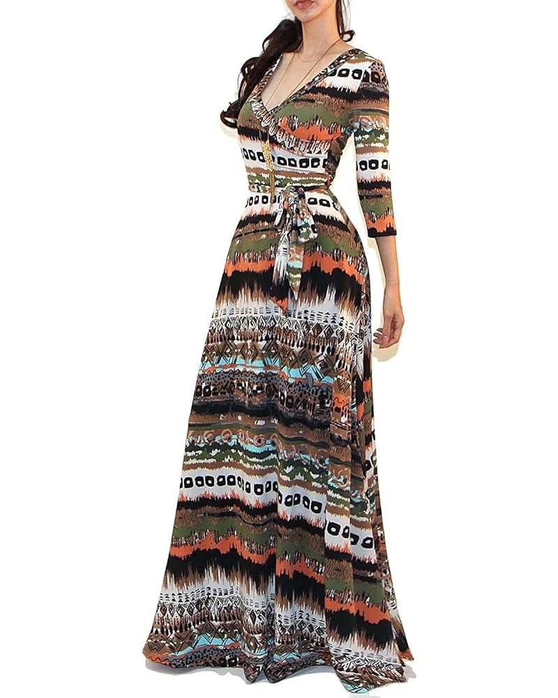 Women's USA Printed V-Neck 3/4 Sleeve Faux Wrap Waist Tie Long Maxi Dress I23, Multi $14.22 Dresses