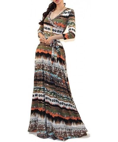 Women's USA Printed V-Neck 3/4 Sleeve Faux Wrap Waist Tie Long Maxi Dress I23, Multi $14.22 Dresses