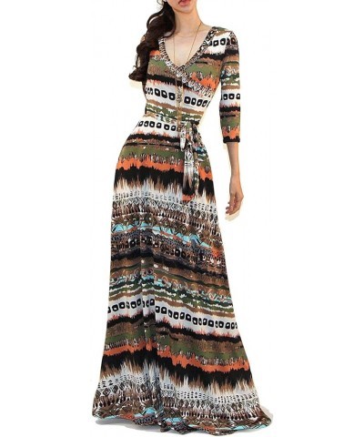 Women's USA Printed V-Neck 3/4 Sleeve Faux Wrap Waist Tie Long Maxi Dress I23, Multi $14.22 Dresses