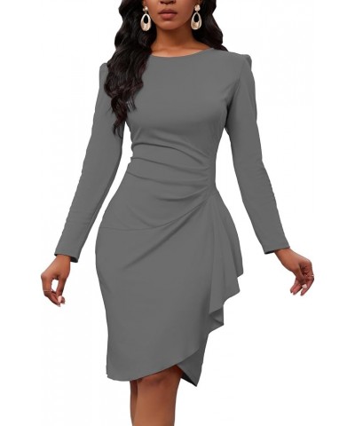 Women's Long Sleeve Bodycon 1950S Vintage Crew Neck Ruched Wrap Work Church Midi Dress 5783grey $16.81 Dresses