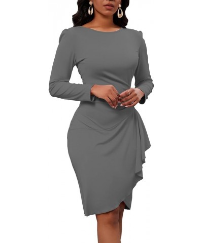 Women's Long Sleeve Bodycon 1950S Vintage Crew Neck Ruched Wrap Work Church Midi Dress 5783grey $16.81 Dresses