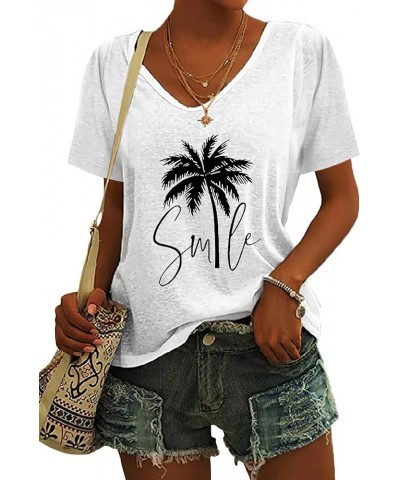 Womens Summer Palm Tree Print V Neck Short Sleeve Tshirts Causal Loose Fit Comfy Basic Beach Tee Tops White Smile $17.04 T-Sh...