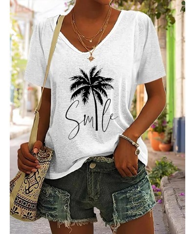 Womens Summer Palm Tree Print V Neck Short Sleeve Tshirts Causal Loose Fit Comfy Basic Beach Tee Tops White Smile $17.04 T-Sh...