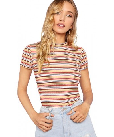 Women's Casual Multi Striped Ribbed Short Sleeve Solid Tee Knit Top Red/Yellow $10.79 T-Shirts