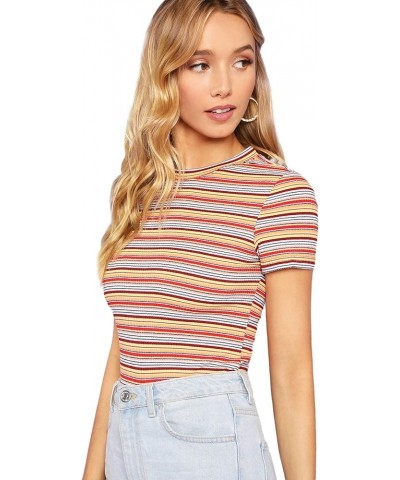 Women's Casual Multi Striped Ribbed Short Sleeve Solid Tee Knit Top Red/Yellow $10.79 T-Shirts