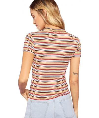 Women's Casual Multi Striped Ribbed Short Sleeve Solid Tee Knit Top Red/Yellow $10.79 T-Shirts