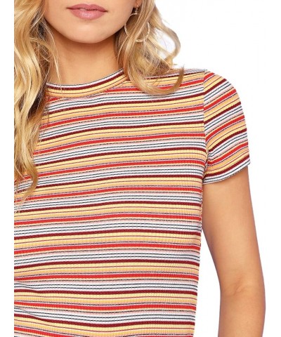 Women's Casual Multi Striped Ribbed Short Sleeve Solid Tee Knit Top Red/Yellow $10.79 T-Shirts