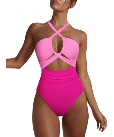 Women's Sexy Cutout One Piece Swimsuit Halter Plunge Neckline Bathing Suits High Cut Criss Cross Monokini Swimwear Hot Pink G...