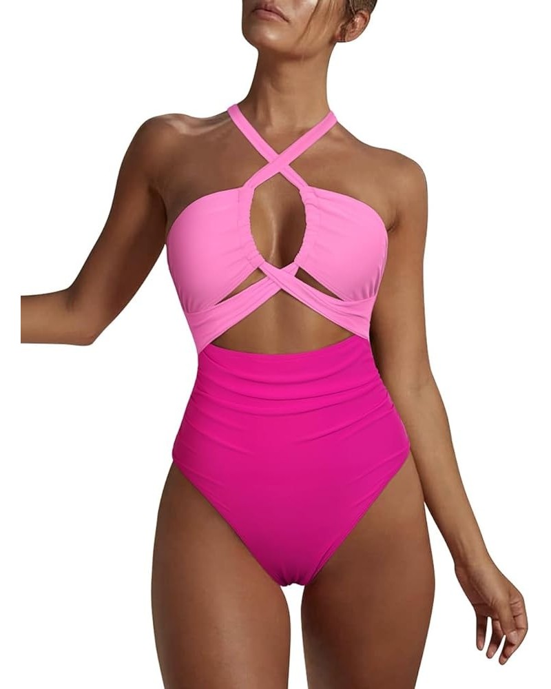 Women's Sexy Cutout One Piece Swimsuit Halter Plunge Neckline Bathing Suits High Cut Criss Cross Monokini Swimwear Hot Pink G...