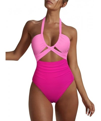 Women's Sexy Cutout One Piece Swimsuit Halter Plunge Neckline Bathing Suits High Cut Criss Cross Monokini Swimwear Hot Pink G...