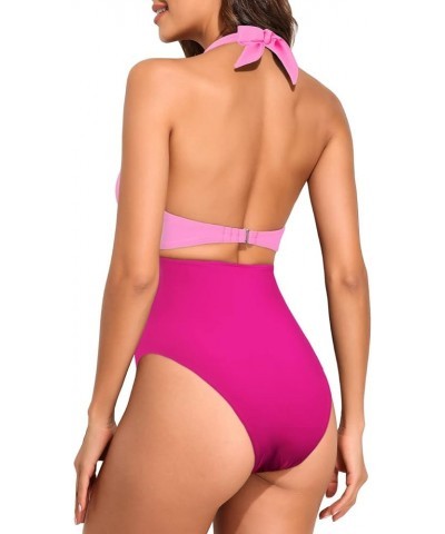 Women's Sexy Cutout One Piece Swimsuit Halter Plunge Neckline Bathing Suits High Cut Criss Cross Monokini Swimwear Hot Pink G...