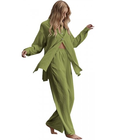 Women's 2 Piece Outfits Slit Hem Longline Blouse and Wide Leg Pants Set Light Green $29.69 Jumpsuits