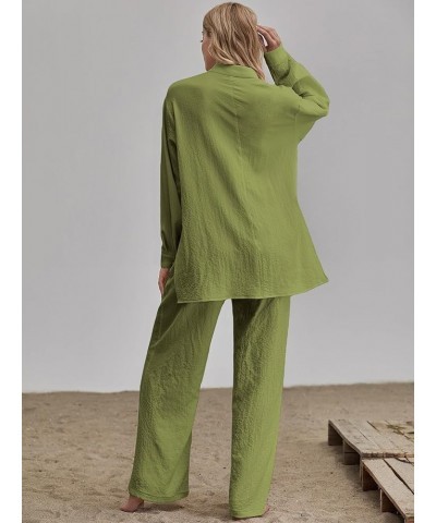 Women's 2 Piece Outfits Slit Hem Longline Blouse and Wide Leg Pants Set Light Green $29.69 Jumpsuits