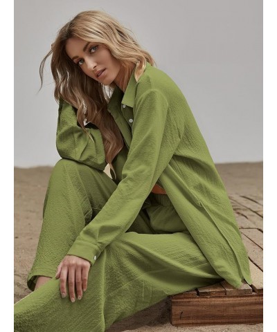 Women's 2 Piece Outfits Slit Hem Longline Blouse and Wide Leg Pants Set Light Green $29.69 Jumpsuits