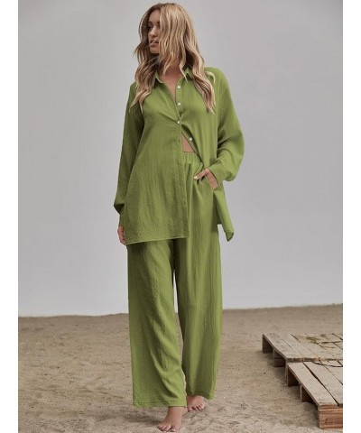 Women's 2 Piece Outfits Slit Hem Longline Blouse and Wide Leg Pants Set Light Green $29.69 Jumpsuits