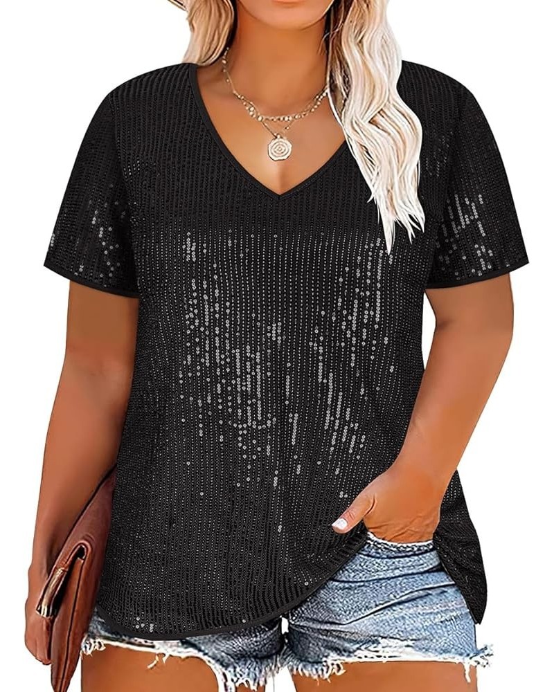 Plus Size Sequin Top for Women Short Sleeve Party Blouse Evening Sparkle Shimmer V Neck Glitter Shirt Ladies XL-5XL At12z-bk ...