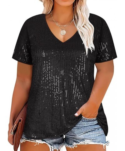 Plus Size Sequin Top for Women Short Sleeve Party Blouse Evening Sparkle Shimmer V Neck Glitter Shirt Ladies XL-5XL At12z-bk ...