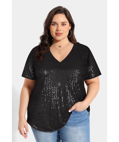 Plus Size Sequin Top for Women Short Sleeve Party Blouse Evening Sparkle Shimmer V Neck Glitter Shirt Ladies XL-5XL At12z-bk ...