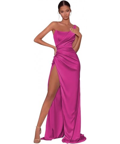 Women's One Shoulder Prom Dresses Long with Slit Pleated Satin Mermaid Bridesmaid Dress FN009 Fuchsia $27.53 Dresses