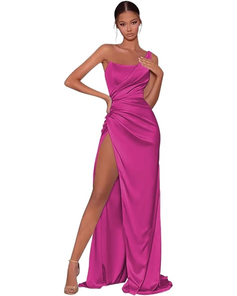 Women's One Shoulder Prom Dresses Long with Slit Pleated Satin Mermaid Bridesmaid Dress FN009 Fuchsia $27.53 Dresses